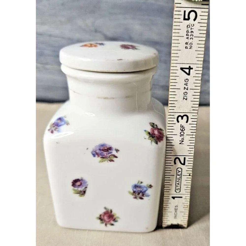 Vintage Vanity 8 Oz Porcelain Jar Colorful Floral on White w/ Lid (read)